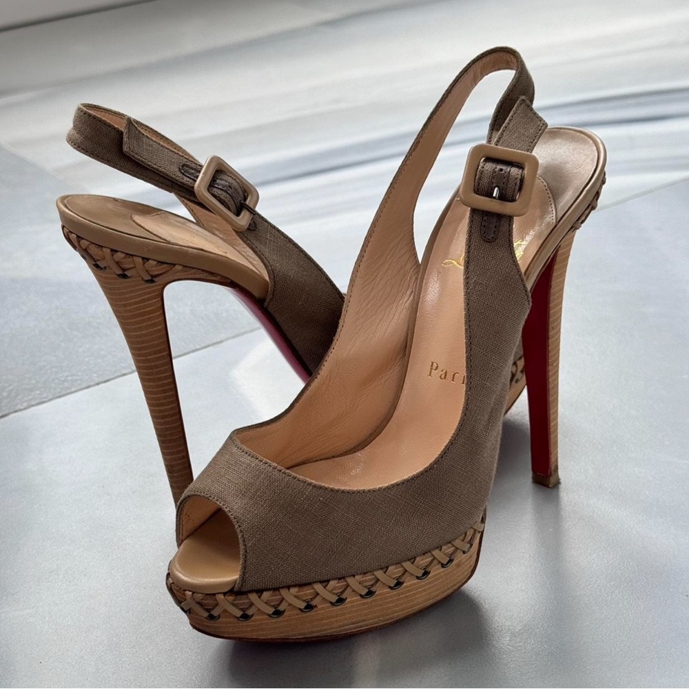 Christian Louboutin Taupe Peep-Toe Slingback Heels